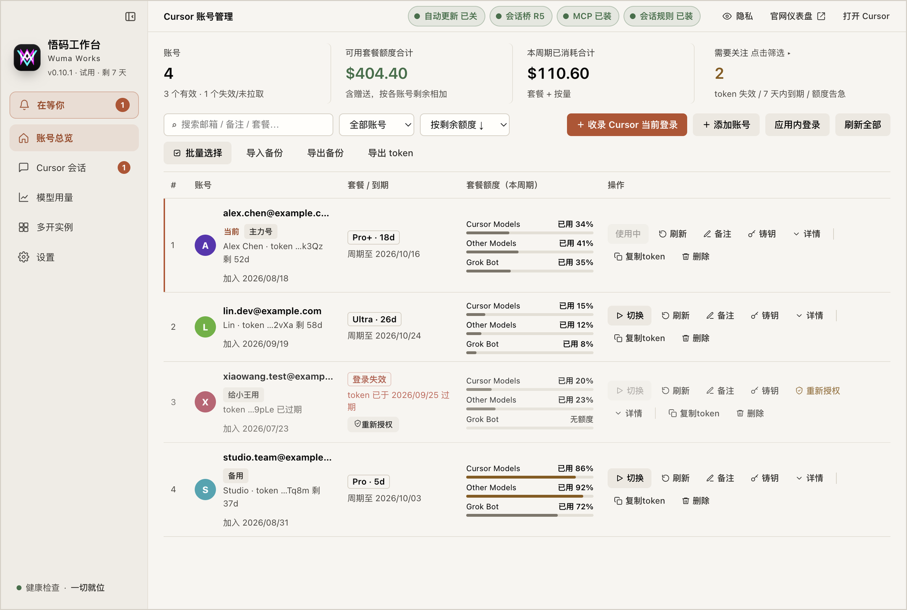 悟码工作台主界面：左侧导航，顶部四项依赖状态，中间是账号总览——每个 Cursor 账号的套餐、到期与额度进度条